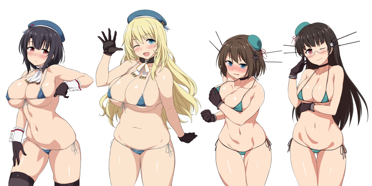 atago_(kancolle) bikini breast_hold breasts choukai_(kancolle) cleavage kantai_collection maya_(kancolle) megane sama_samasa swimsuits takao_(kancolle) thighhighs