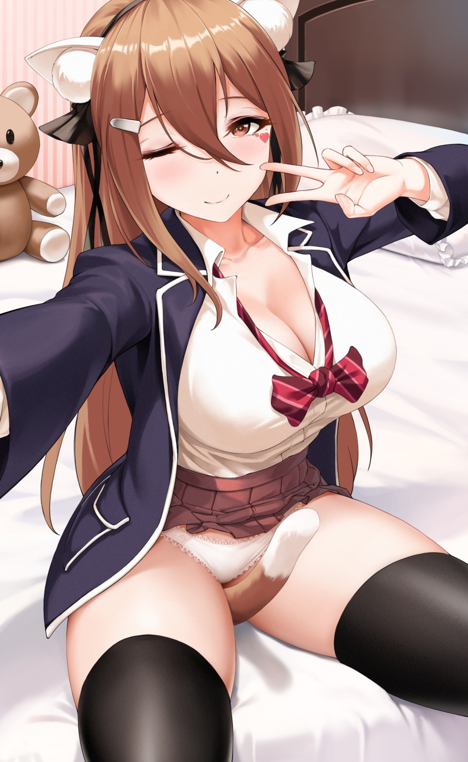 animal_ears cleavage kurohanya kyoumaz nekomimi niliu_chahui open_shirt pantsu seifuku selfie skirt_lift tail thighhighs