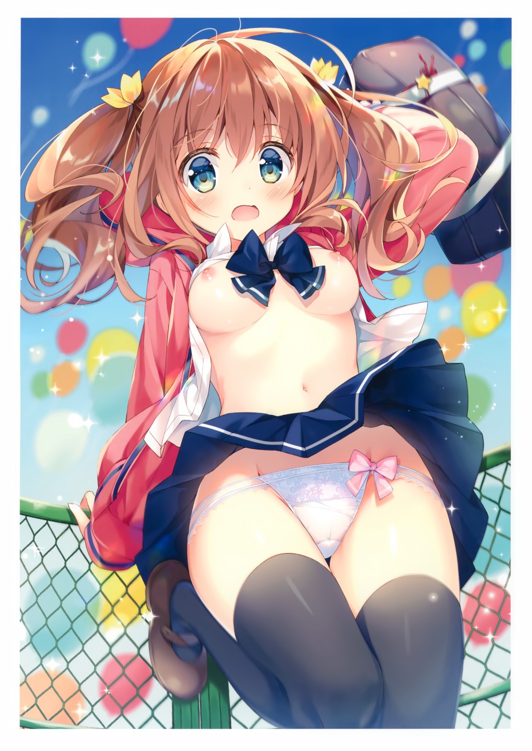 breasts nipples no_bra open_shirt pantsu seifuku skirt_lift suimya thighhighs