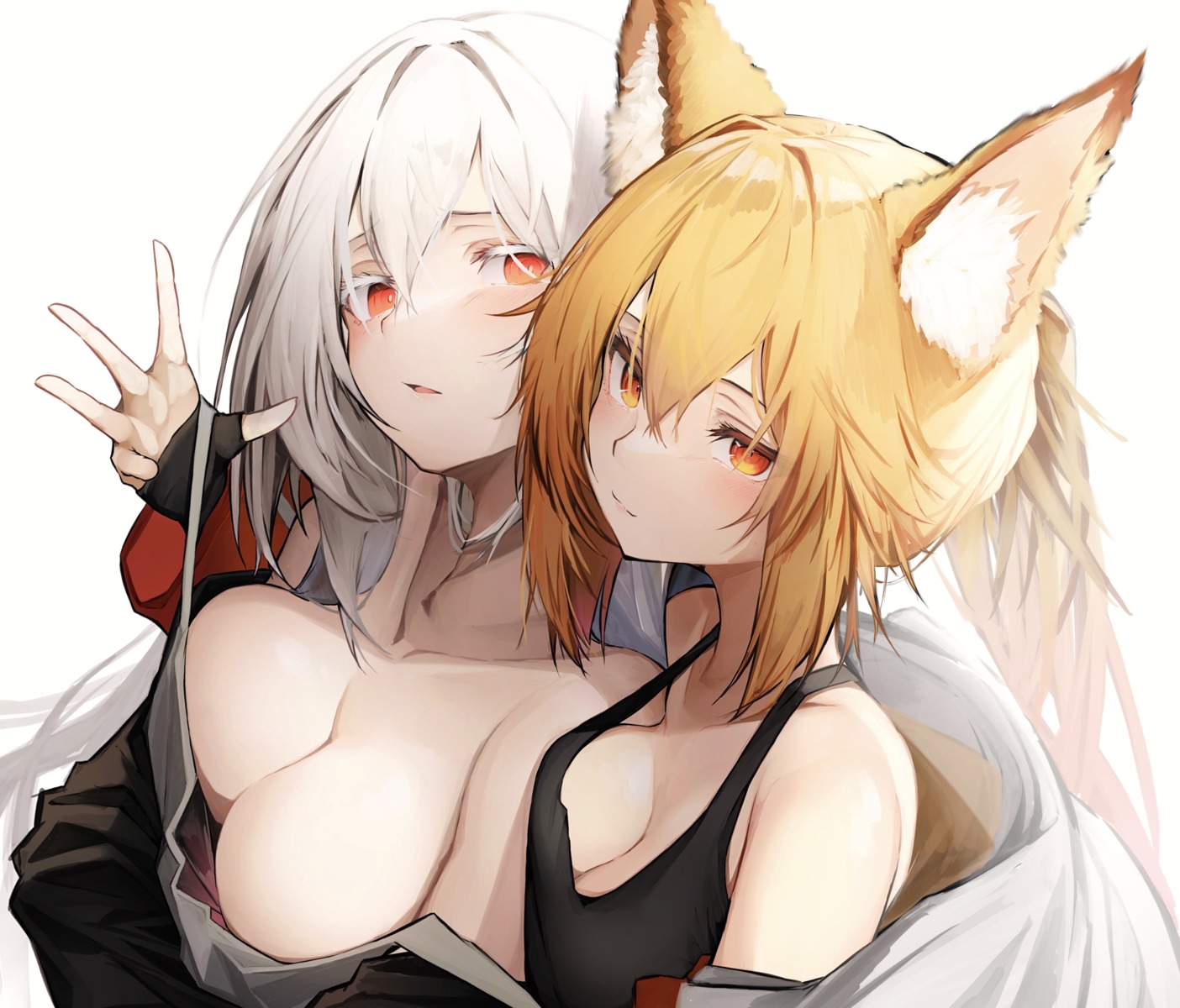 animal_ears breasts cleavage dungeon_fighter ellin_meiji lethe_rin no_bra open_shirt tab_head undressing yuri