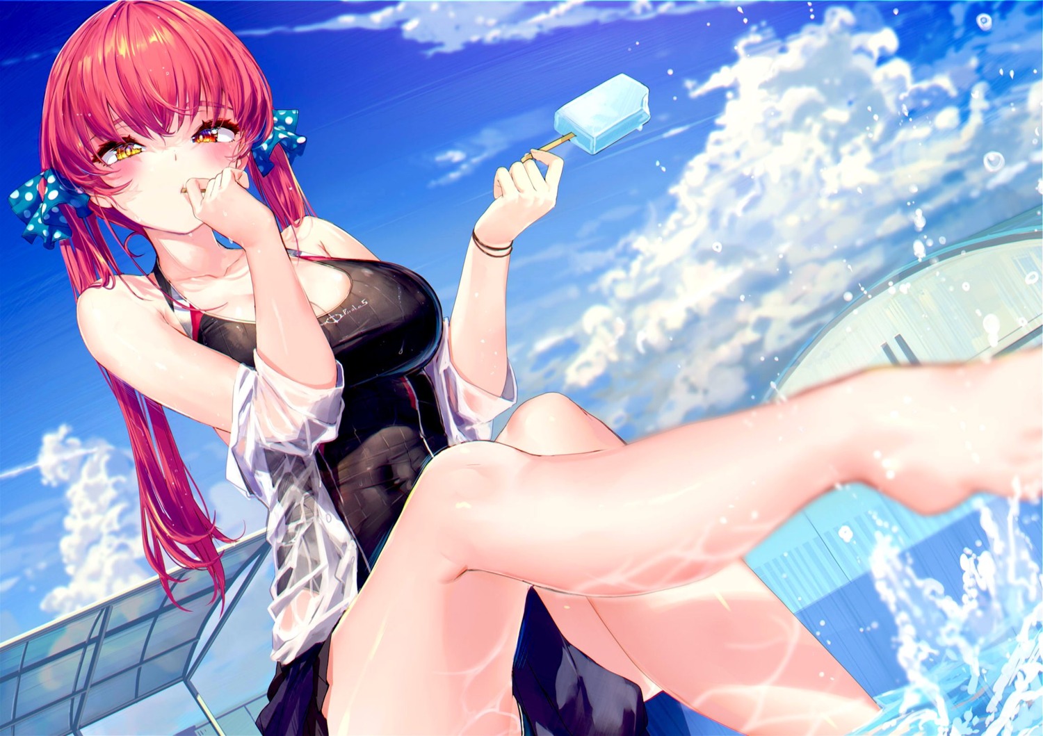 akasa_ai heterochromia hololive houshou_marine see_through swimsuits wet_clothes