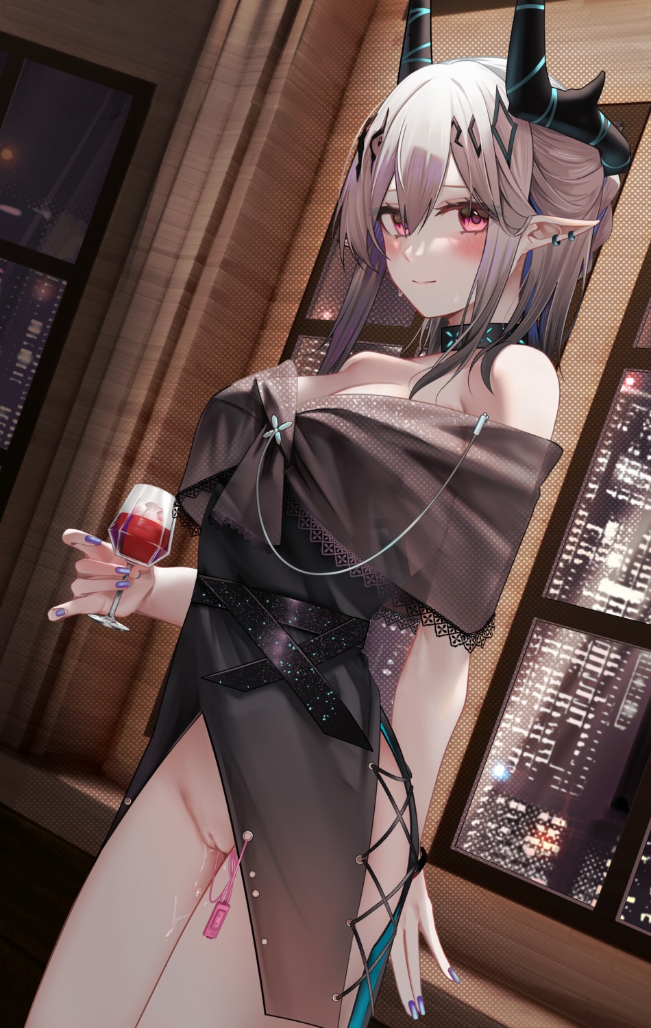 arknights dress horns mudrock_(arknights) no_bra nopan open_shirt pointy_ears pussy pussy_juice ru_zhai see_through uncensored vibrator