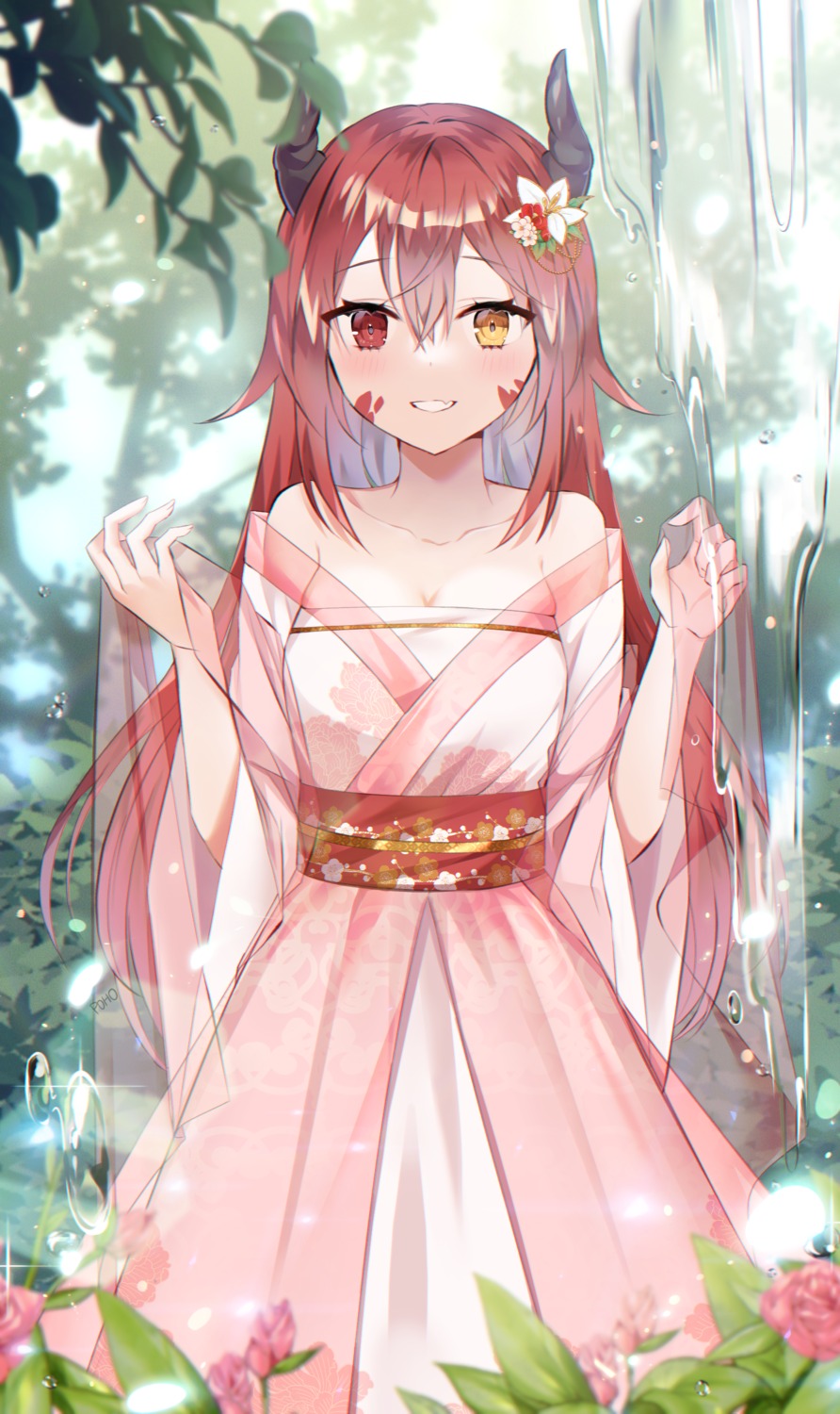asian_clothes cleavage heterochromia horns poho