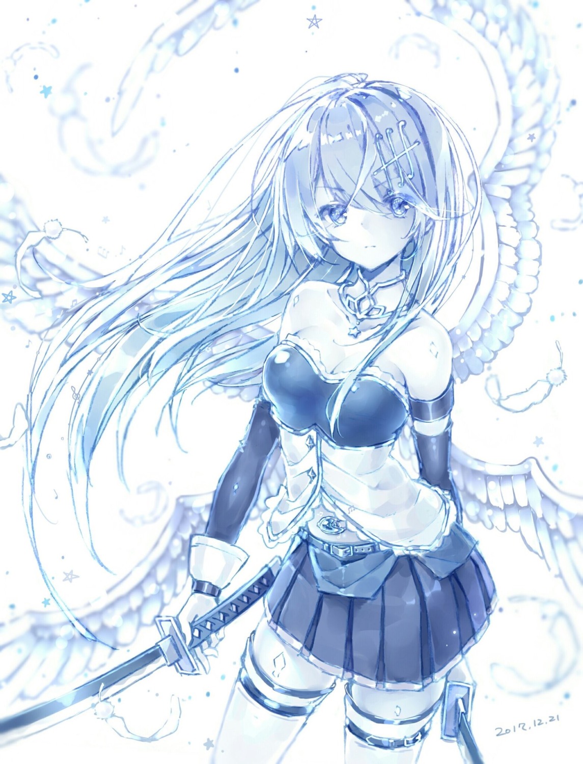 cleavage miki_sayaka monochrome puella_magi_madoka_magica sword thighhighs wings