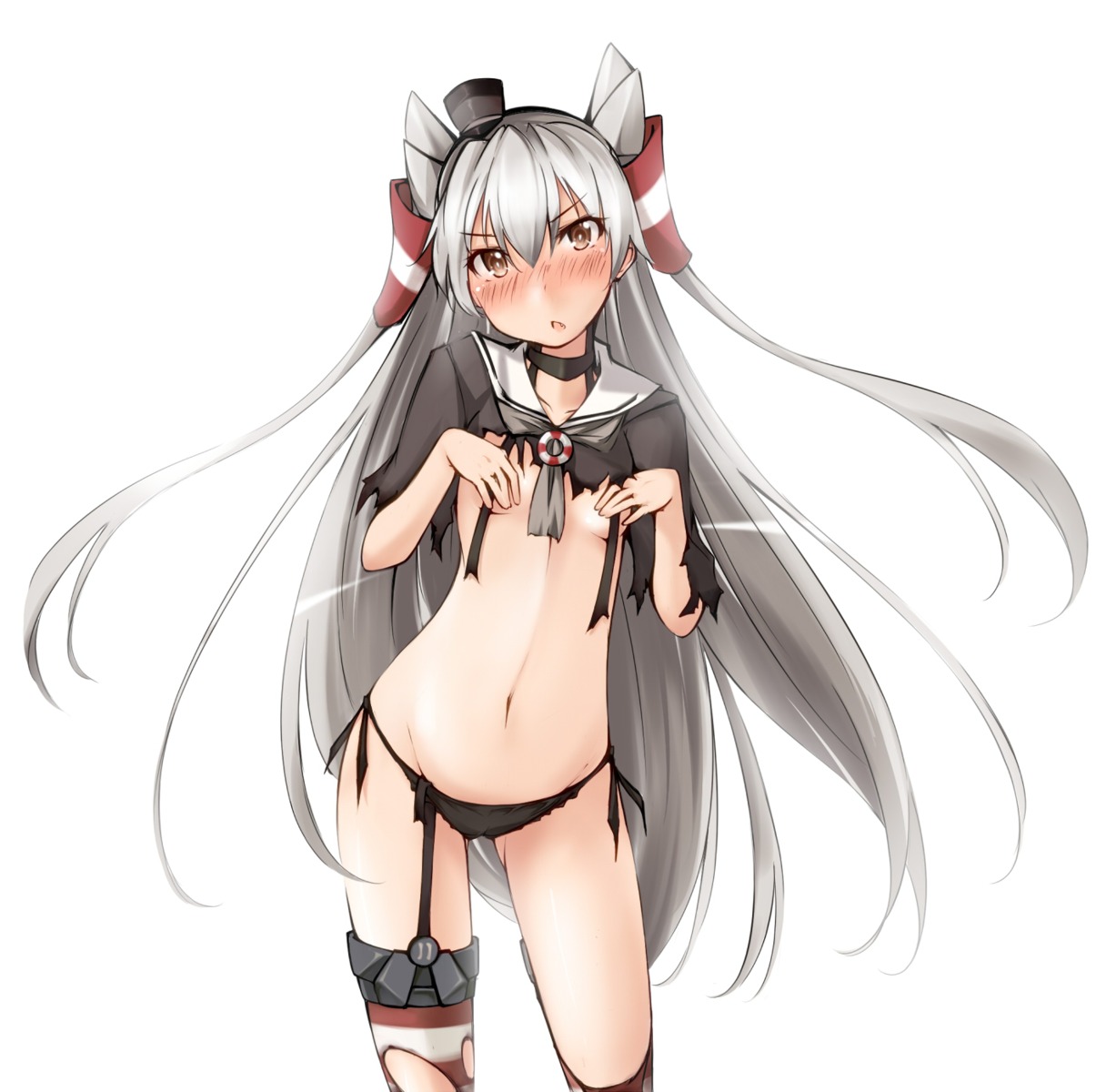 amatsukaze_(kancolle) kaminagi_(kaminagi-tei) kantai_collection pantsu stockings thighhighs torn_clothes