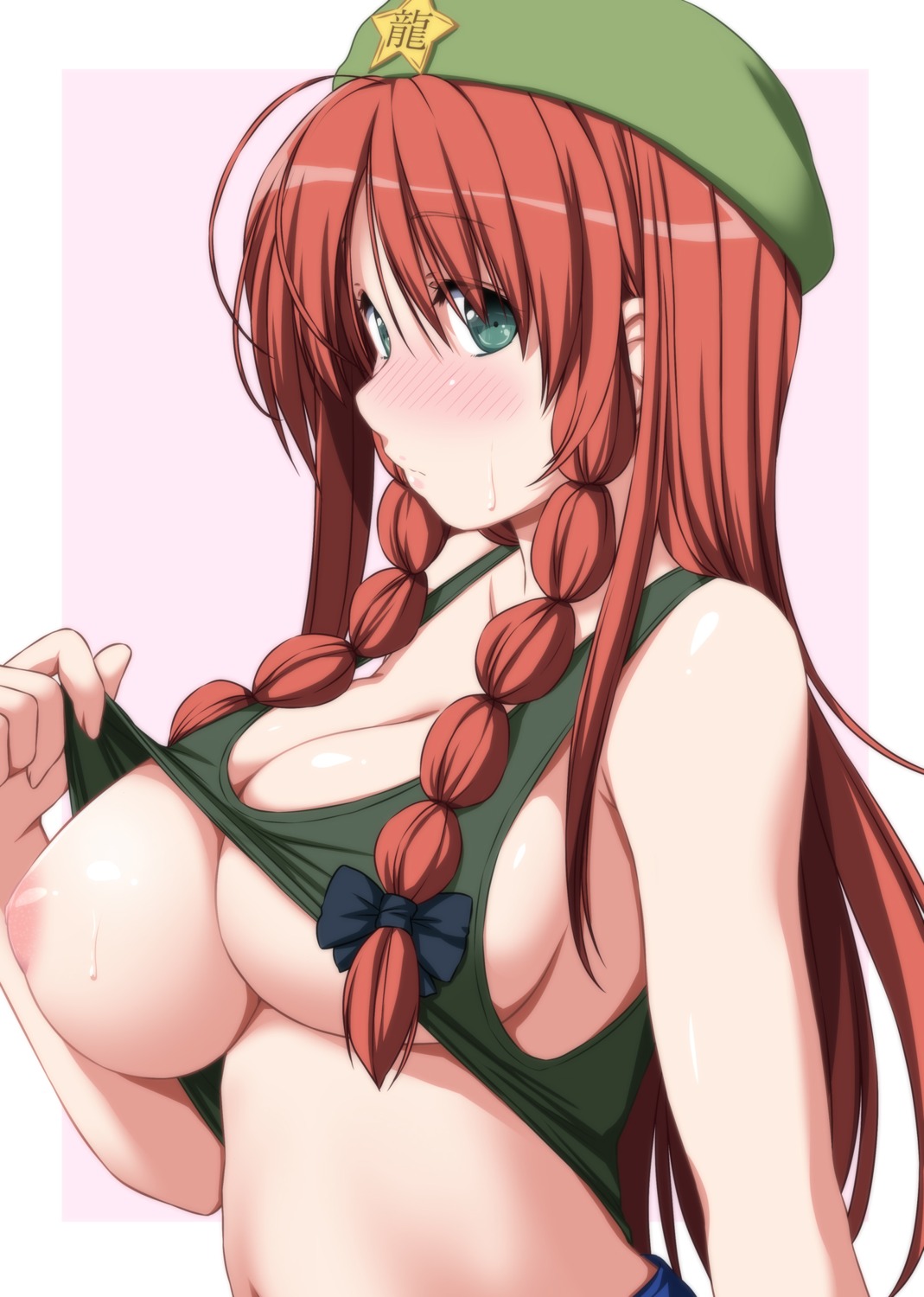 breasts hong_meiling nipples no_bra nori_tamago shirt_lift touhou undressing