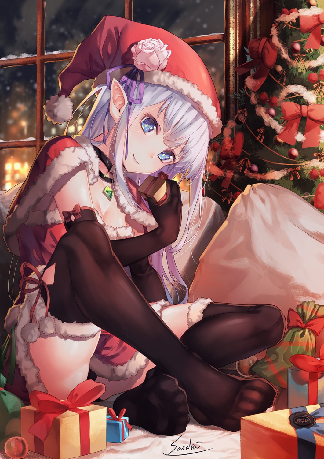 christmas cleavage elf emilia_(re_zero) feet pantsu pointy_ears re_zero_kara_hajimeru_isekai_seikatsu saraki thighhighs