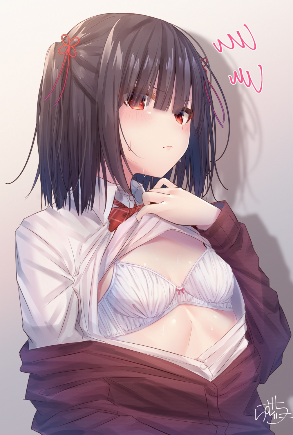 akane_karen bra open_shirt ramchi seifuku shirt_lift sweater undressing