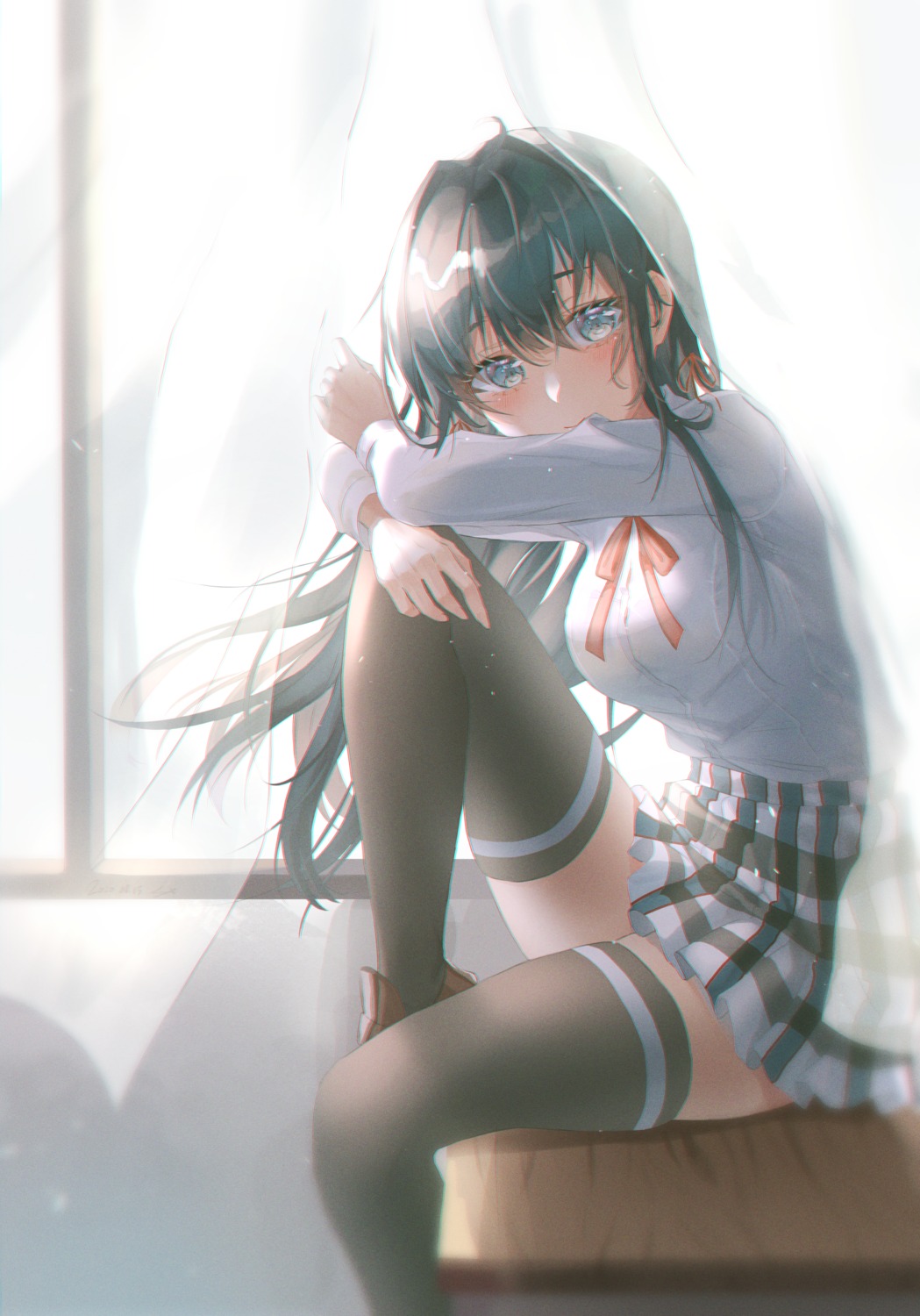 kanneru seifuku skirt_lift thighhighs yahari_ore_no_seishun_lovecome_wa_machigatteiru. yukinoshita_yukino