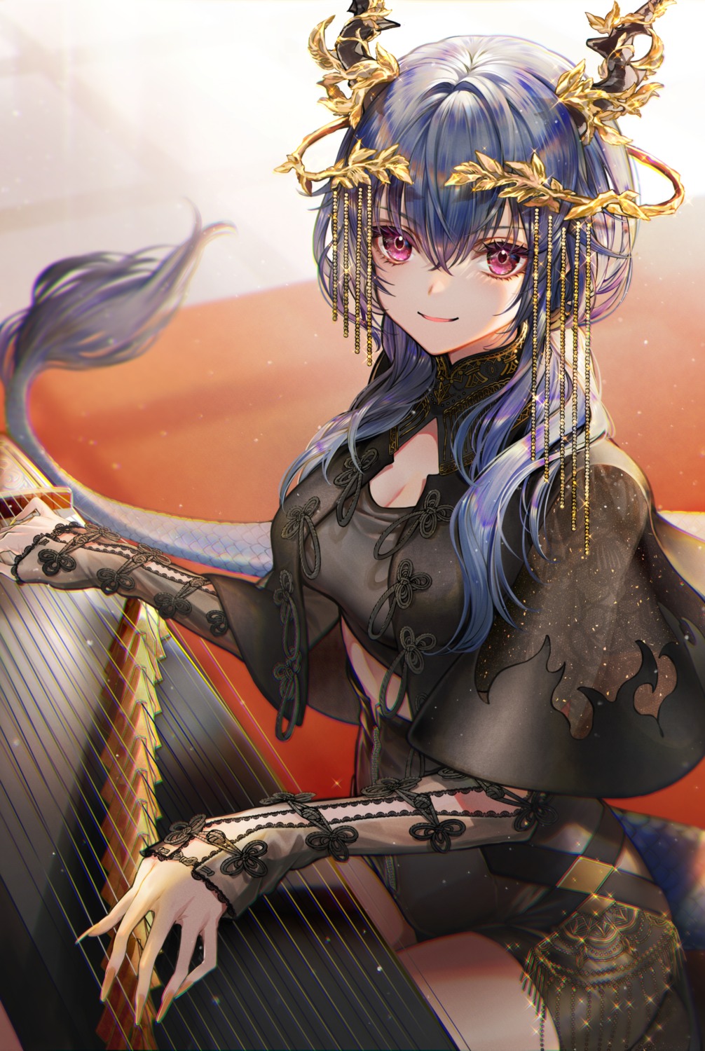 arknights ch'en_(arknights) cleavage horns tail tarutaru_yamaoka