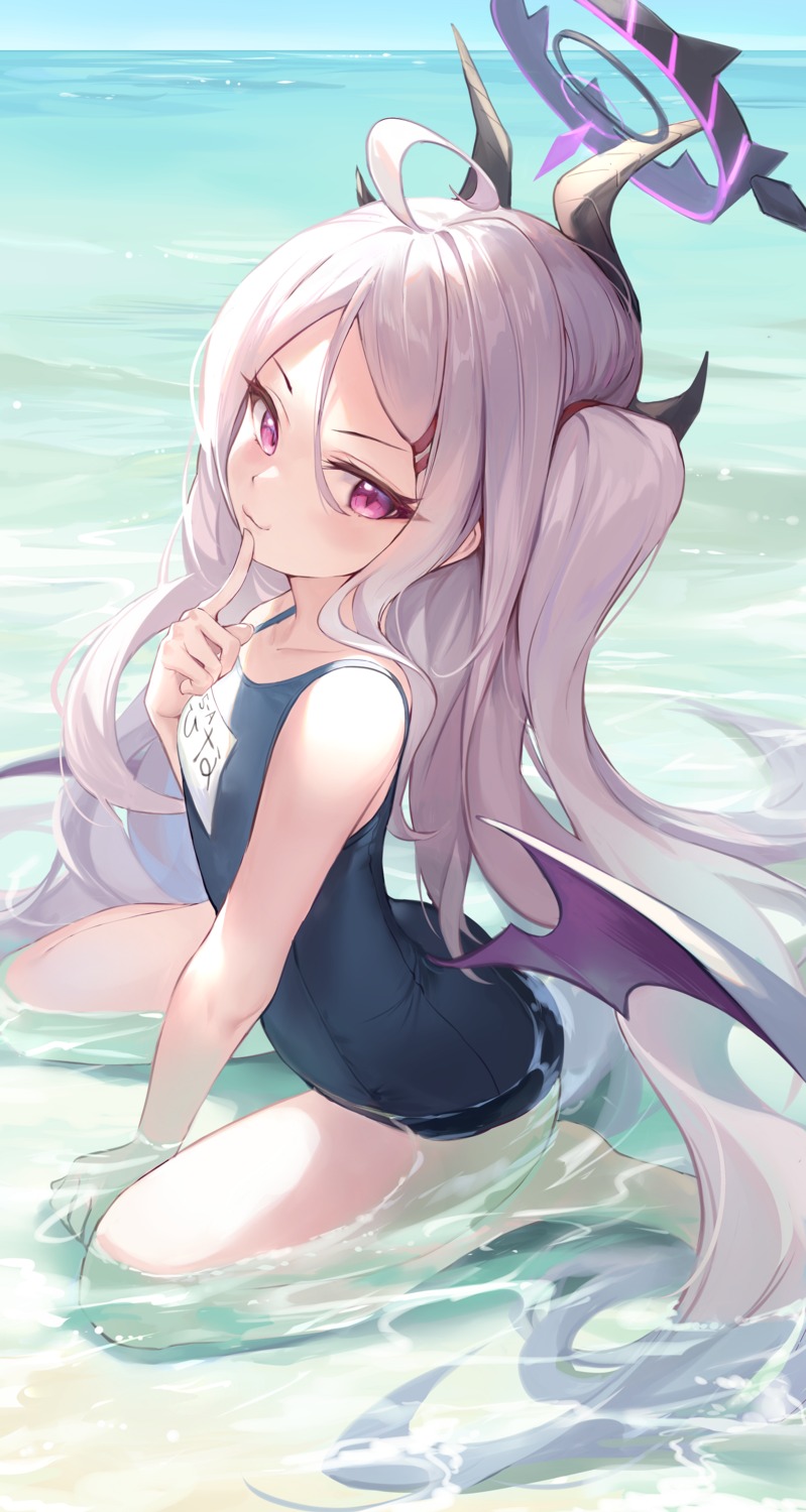 blue_archive devil halo horns pdxen school_swimsuit sorasaki_hina swimsuits wet wings