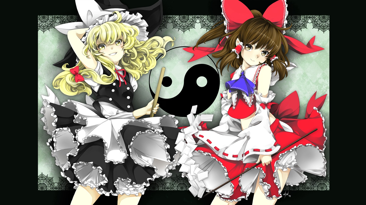 hakurei_reimu kirisame_marisa miko tagme touhou wallpaper witch