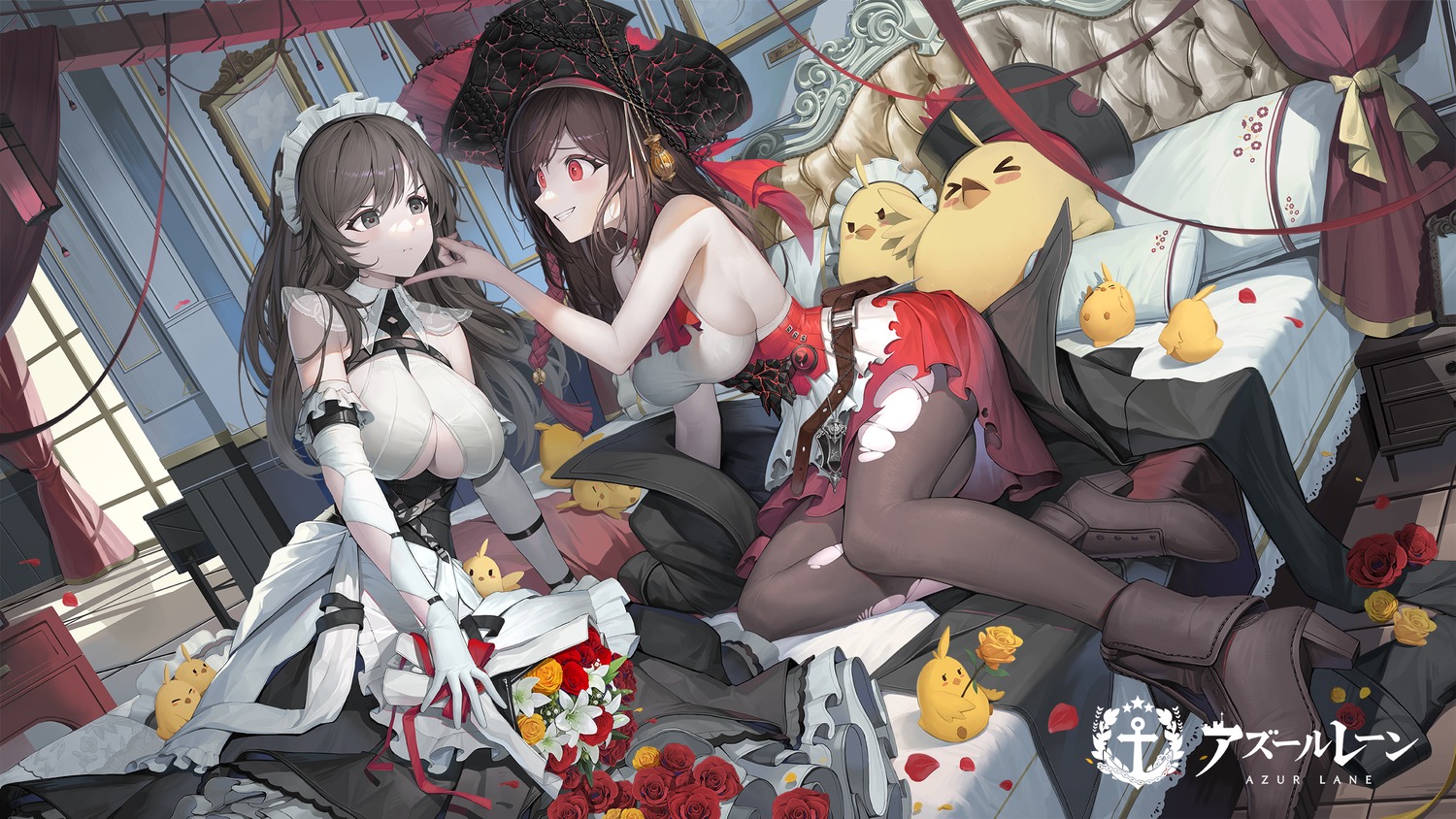 azur_lane charybdis_(azur_lane) heels maid manjuu_(azur_lane) no_bra pantyhose pirate royal_fortune_(azur_lane) soho_(user_dphk5745) torn_clothes wallpaper yuri