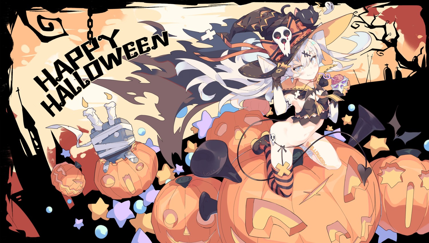 amatsukaze_(kancolle) animal_ears bandages halloween kantai_collection litsvn pantsu rensouhou-kun stockings tail thighhighs witch