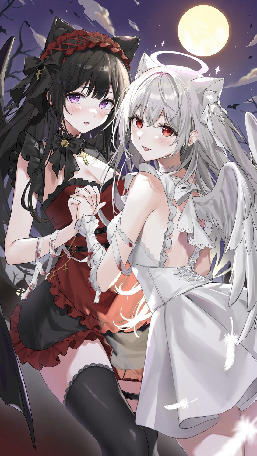 angel animal_ears bandages blood dress garter halloween lolita_fashion masyu_jyaga no_bra thighhighs wings yuri