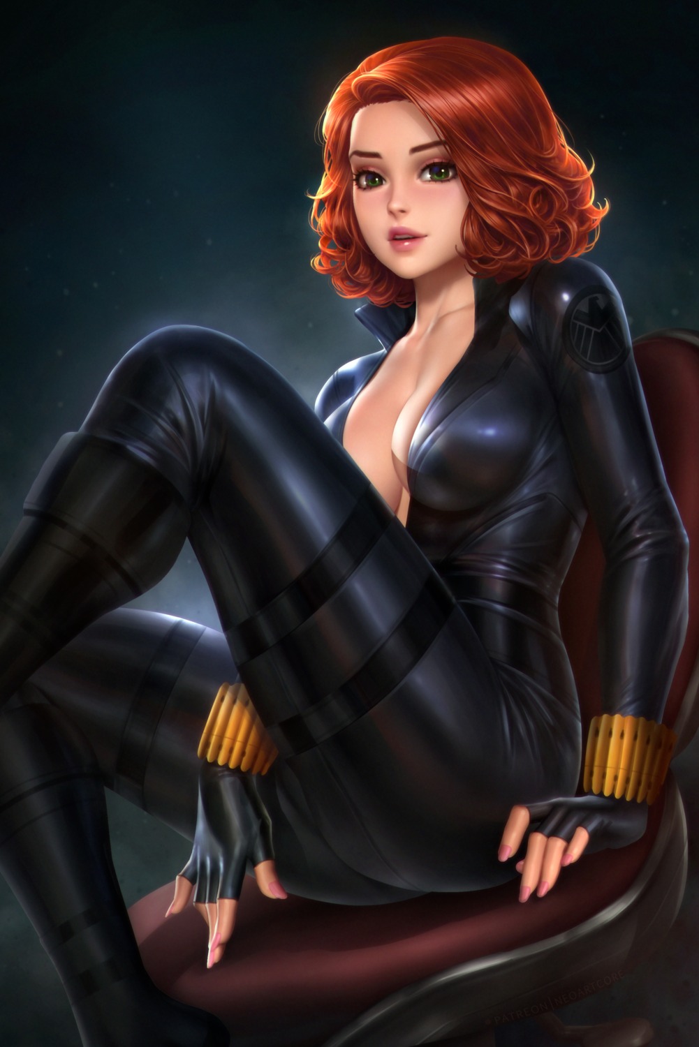 black_widow bodysuit cleavage garter marvel no_bra nudtawut_thongmai open_shirt