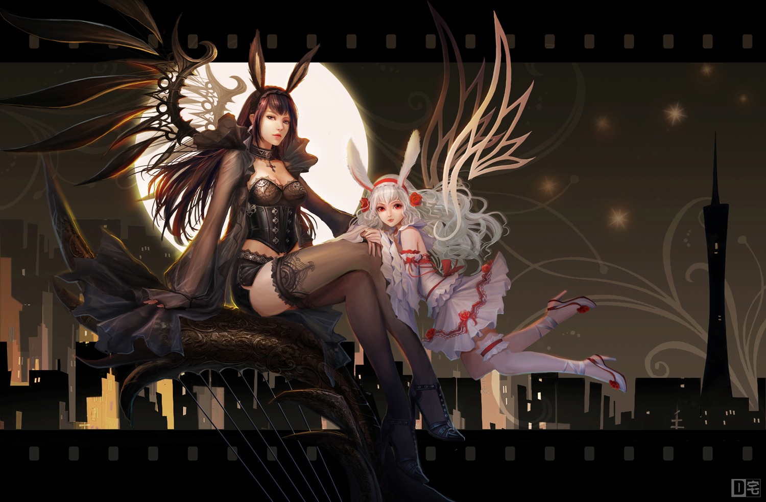 animal_ears bunny_ears cleavage dress garter pcw thighhighs wings