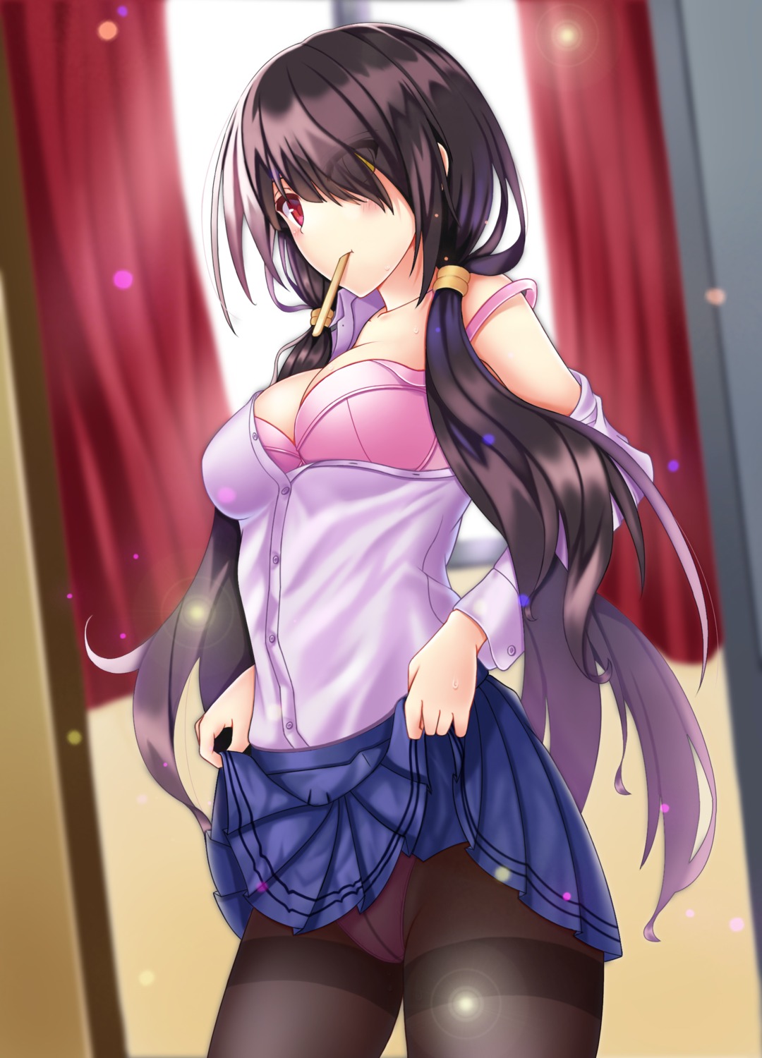 bra breeze cleavage date_a_live heterochromia open_shirt pantsu pantyhose seifuku skirt_lift tokisaki_kurumi