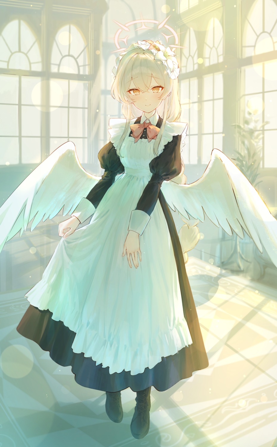 angel blue_archive eshineko kirifuji_nagisa maid skirt_lift wings