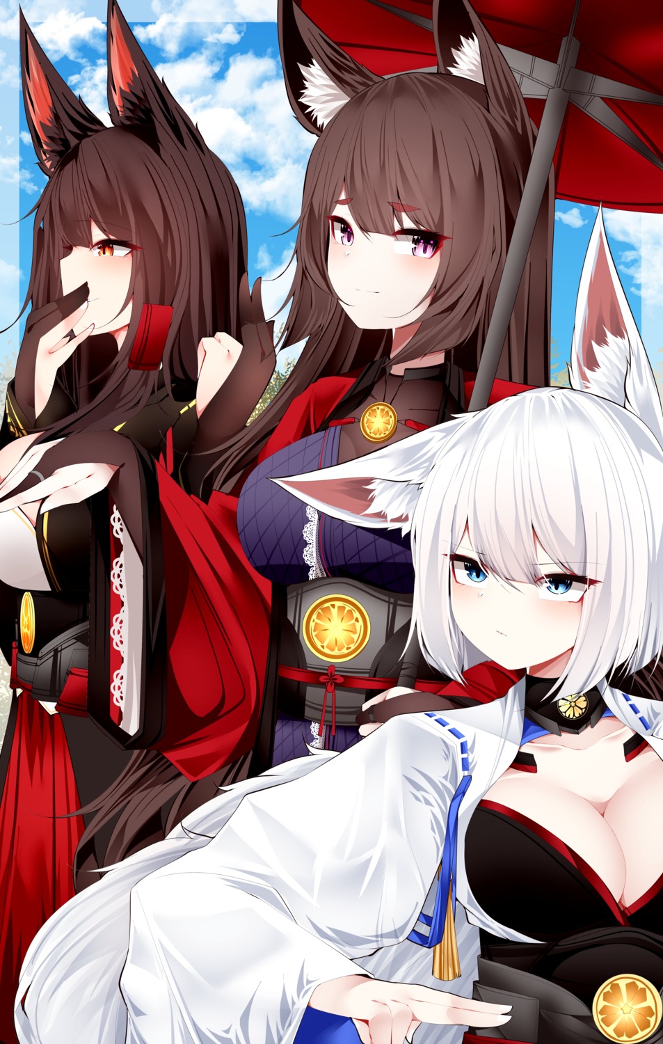 akagi_(azur_lane) amagi_(azur_lane) animal_ears azur_lane japanese_clothes kaga_(azur_lane) kitsune samip umbrella