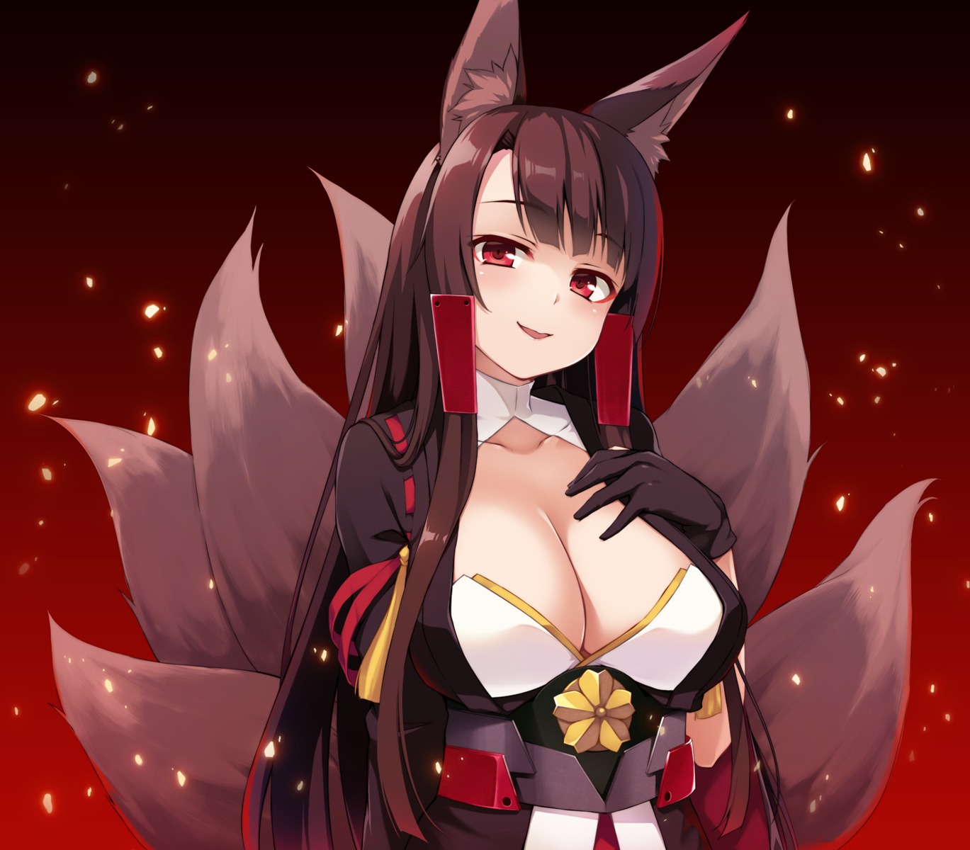 akagi_(azur_lane) animal_ears azur_lane cleavage kitsune tail yuzuka