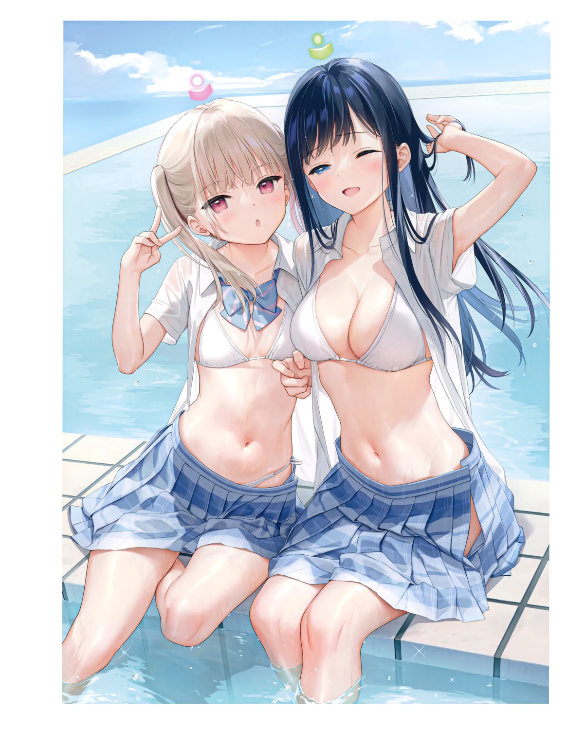 bikini mignon open_shirt see_through seifuku swimsuits wardrobe_malfunction wet wet_clothes yuri