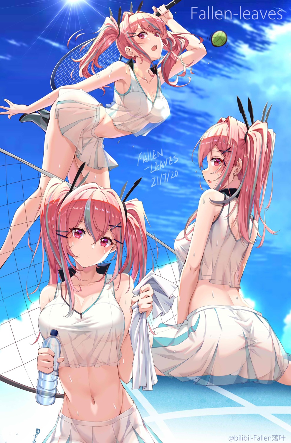 ass azur_lane bremerton_(azur_lane) fallen-leaves heels no_bra nopan pantsu see_through skirt_lift tennis thong wet wet_clothes