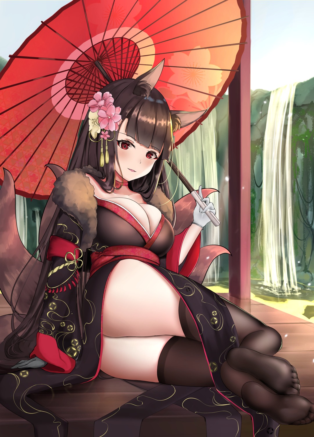 akagi_(azur_lane) animal_ears azur_lane feet japanese_clothes lemontea_(ekvr5838) no_bra open_shirt skirt_lift tail thighhighs umbrella