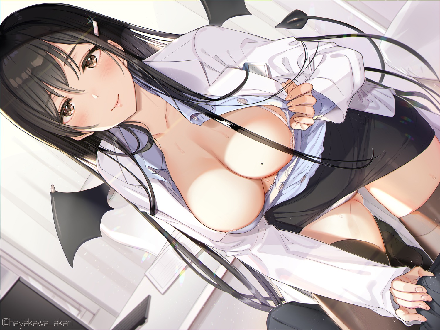 bra breasts hayakawa_akari open_shirt pantsu skirt_lift tail thighhighs undressing wings