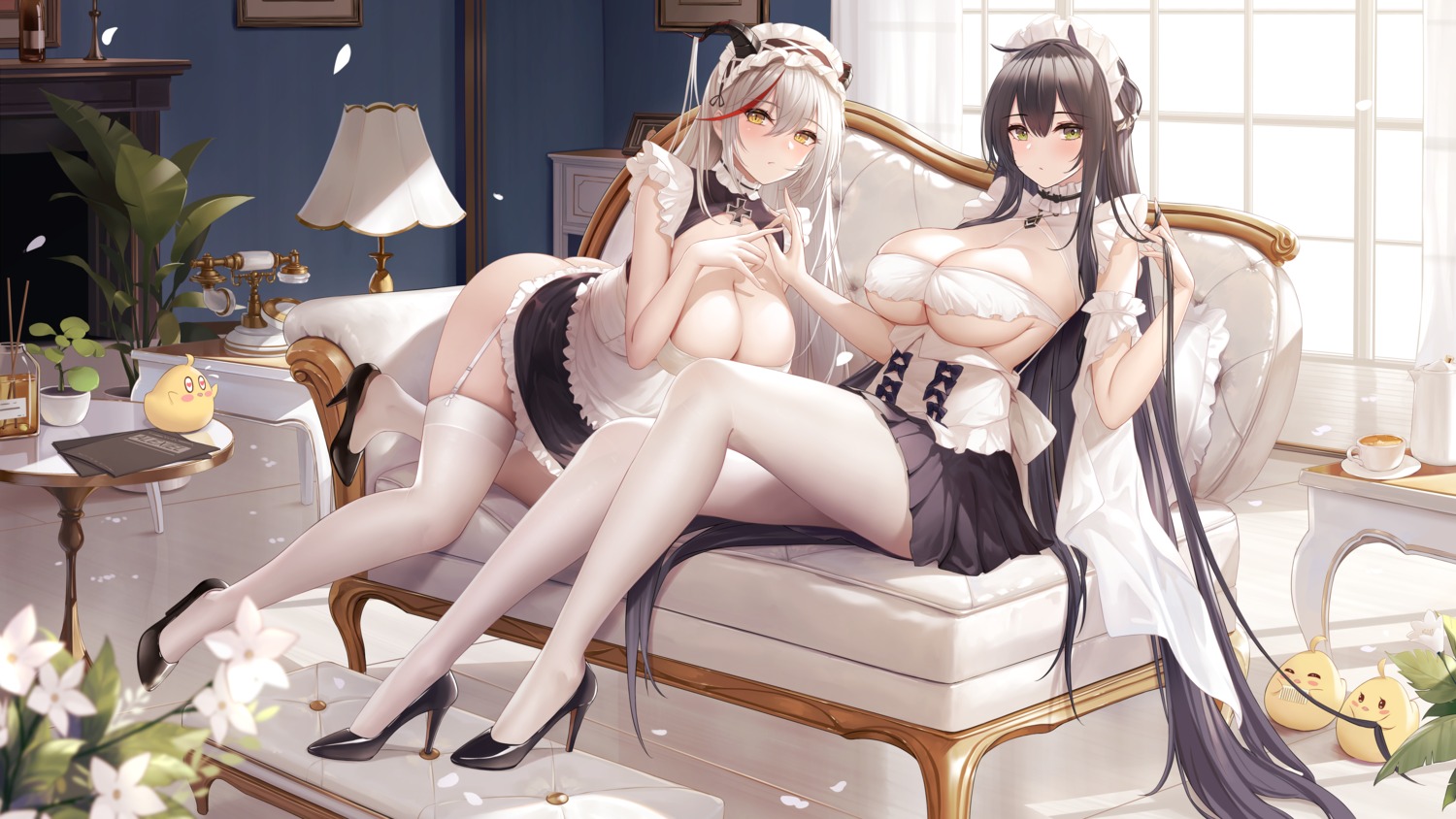 aegir_(azur_lane) alexiel_(pixiv6211566) azur_lane heels horns indomitable_(azur_lane) maid manjuu_(azur_lane) no_bra nopan pantyhose skirt_lift stockings thighhighs