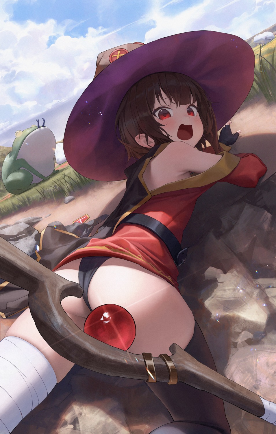 aqua_(konosuba) ass bandages bingwei_huang dress kono_subarashii_sekai_ni_shukufuku_wo! loli megumin pantsu skirt_lift thighhighs thong weapon witch