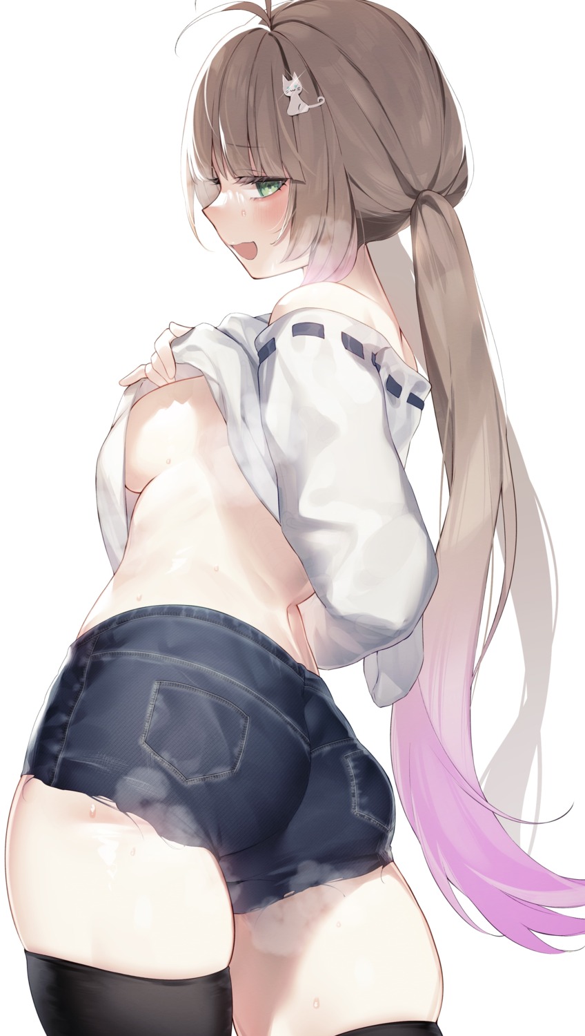 ass no_bra shirt_lift tamafurin thighhighs torn_clothes undressing wet