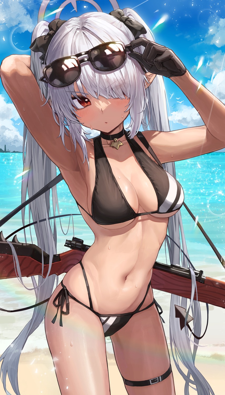 bikini blue_archive garter gun halo kokukyukeo megane pointy_ears shiromi_iori swimsuits