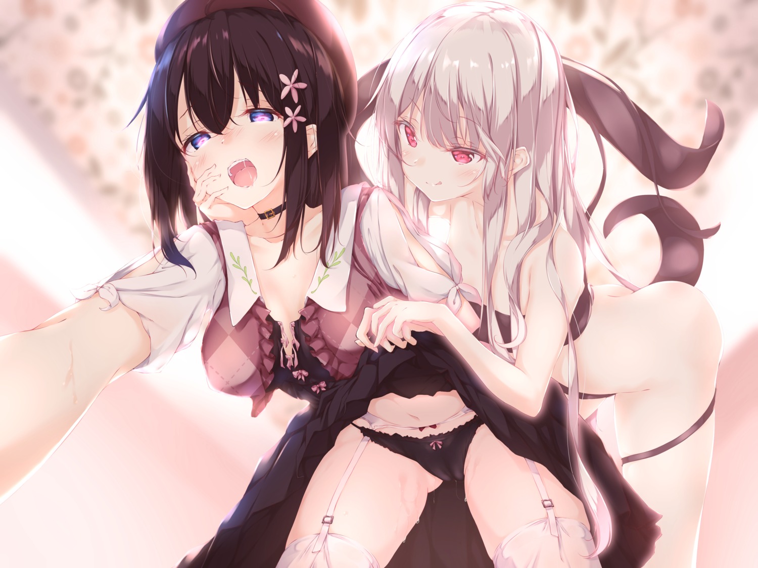 cameltoe cleavage garter_belt naked_ribbon numpopo pantsu pussy_juice skirt_lift stockings thighhighs yuri