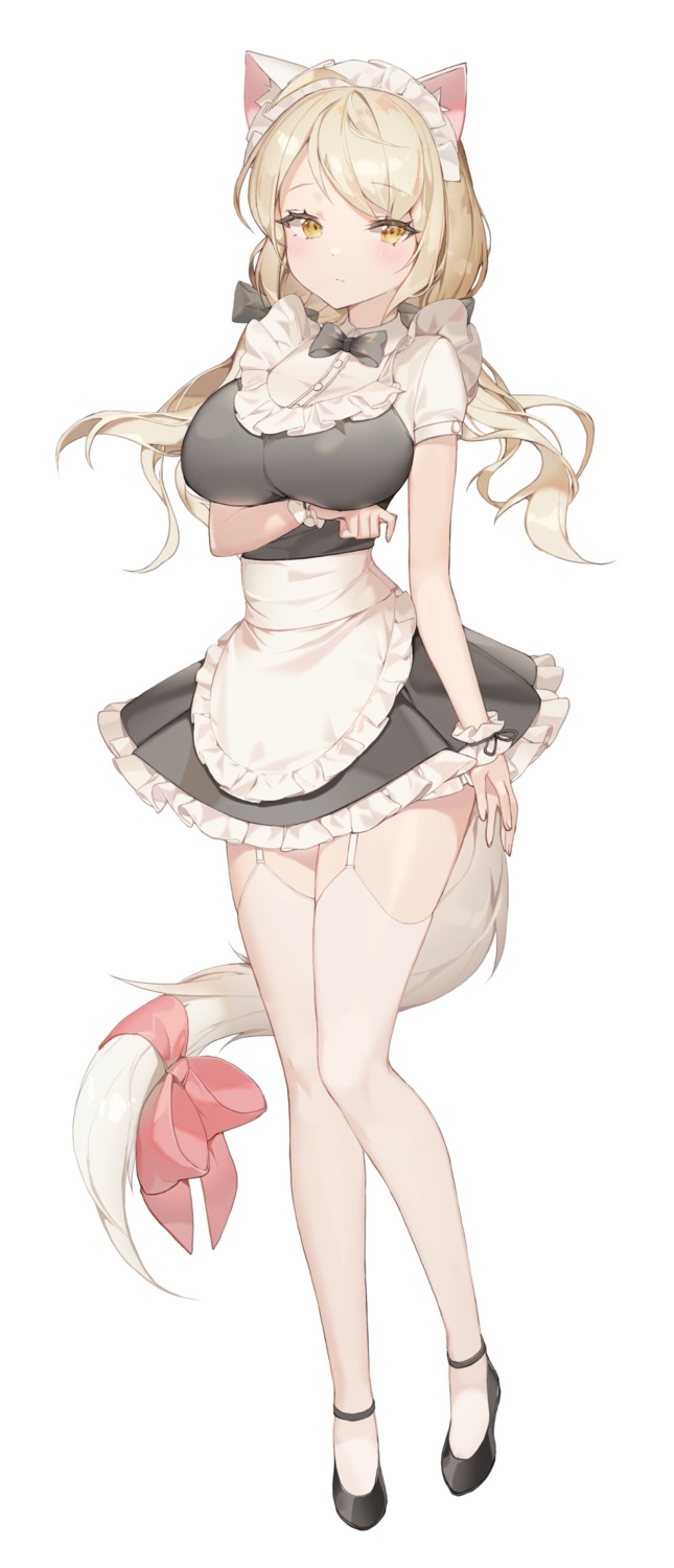 animal_ears breast_hold choyeon maid nekomimi stockings tail thighhighs