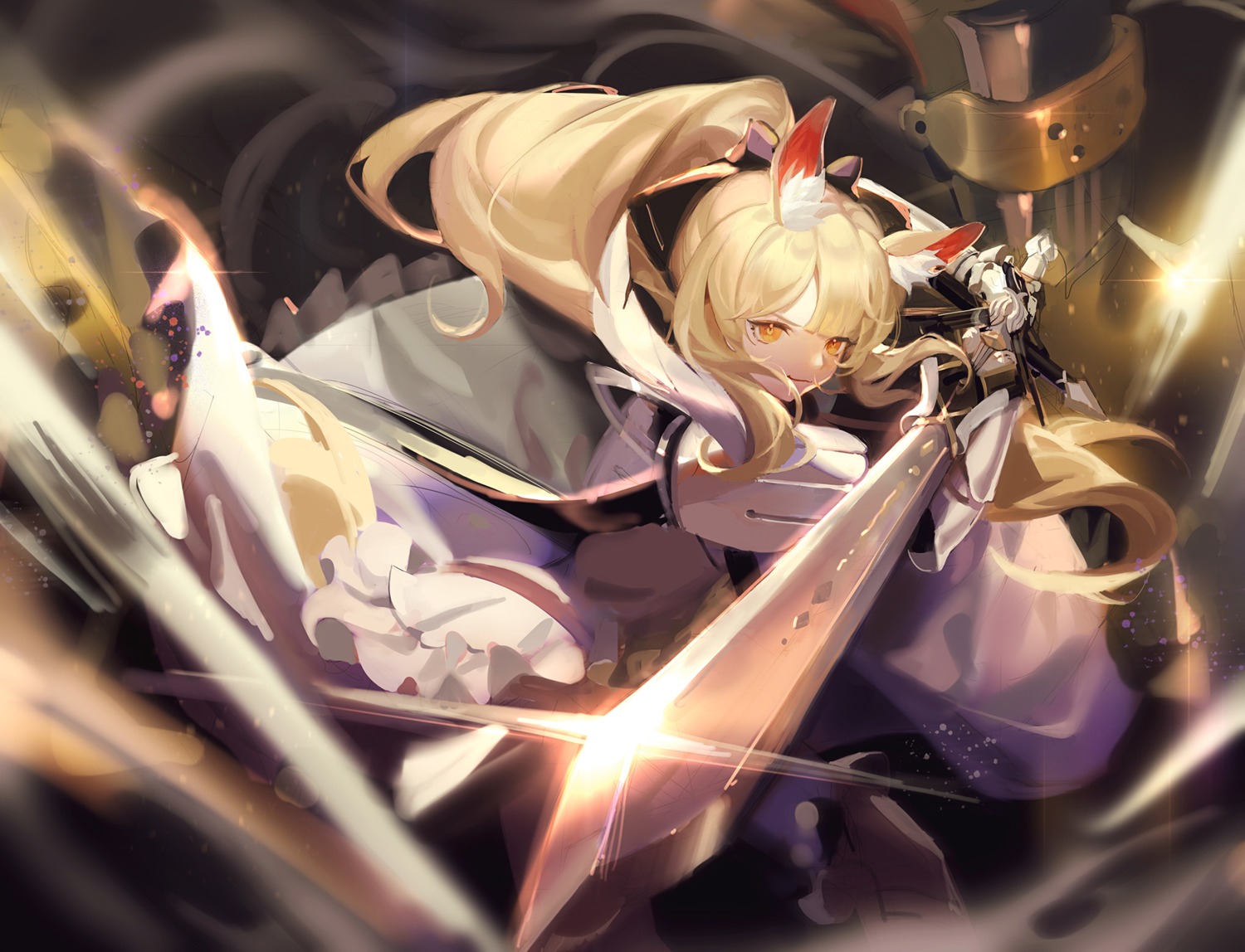 animal_ears arknights armor blemishine_(arknights) samo_(shichun_samo) sword