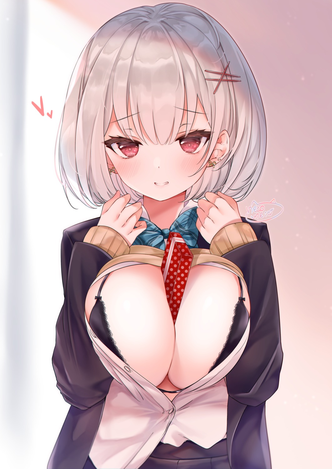 bra breast_hold meito_harmren open_shirt seifuku sweater valentine