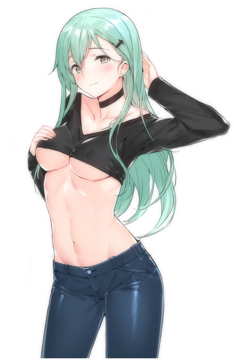 battle_koala breast_hold erect_nipples kantai_collection no_bra suzuya_(kancolle) underboob