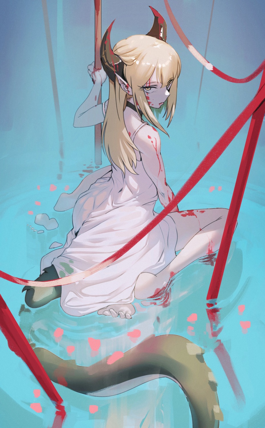 blood dress feet horns jin_rou pointy_ears summer_dress tail wet