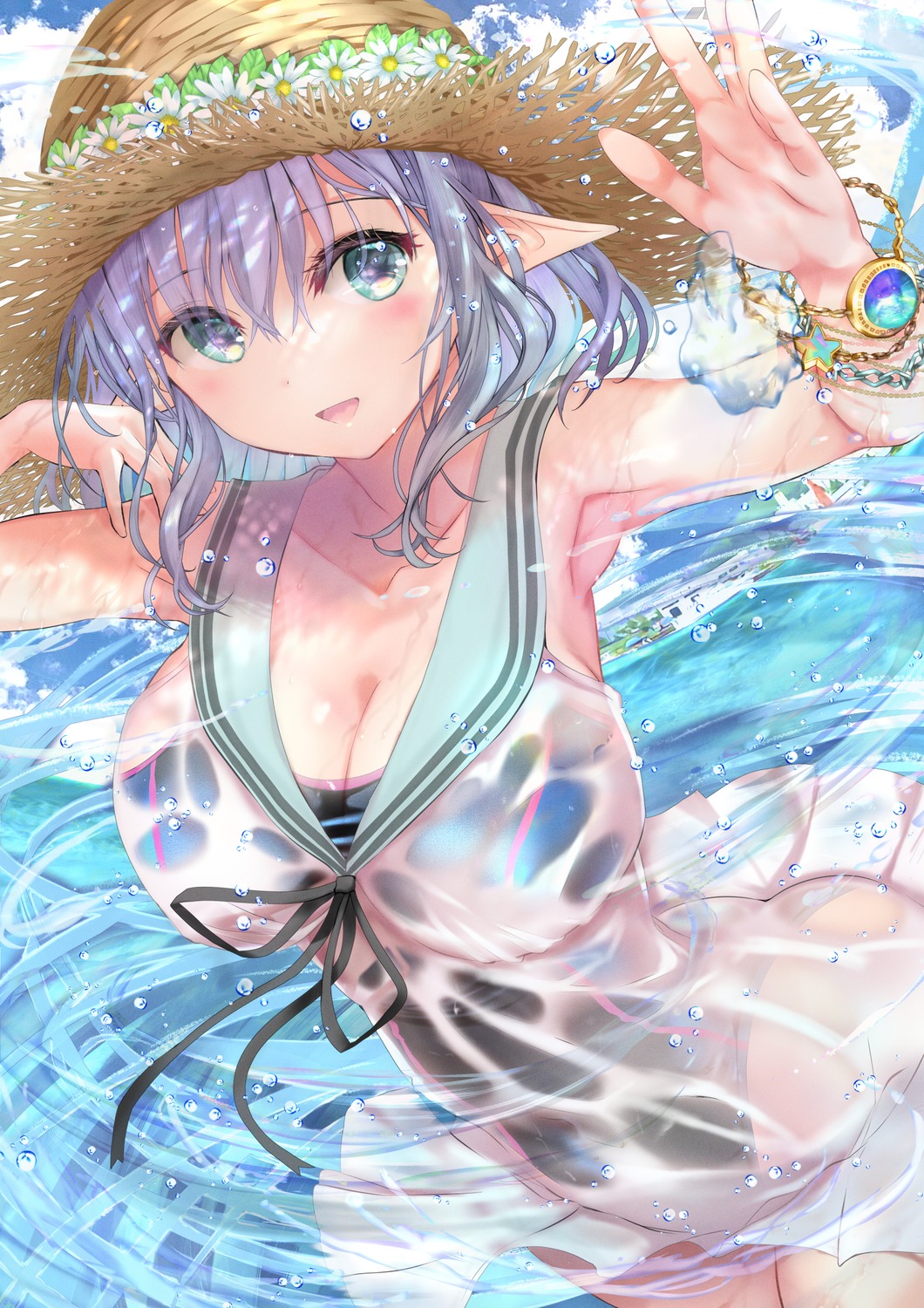 elf ogata_tei pointy_ears see_through seifuku swimsuits wet wet_clothes