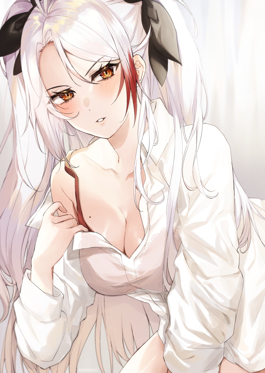 azur_lane bra dress_shirt kanniiepan open_shirt prinz_eugen_(azur_lane) see_through undressing