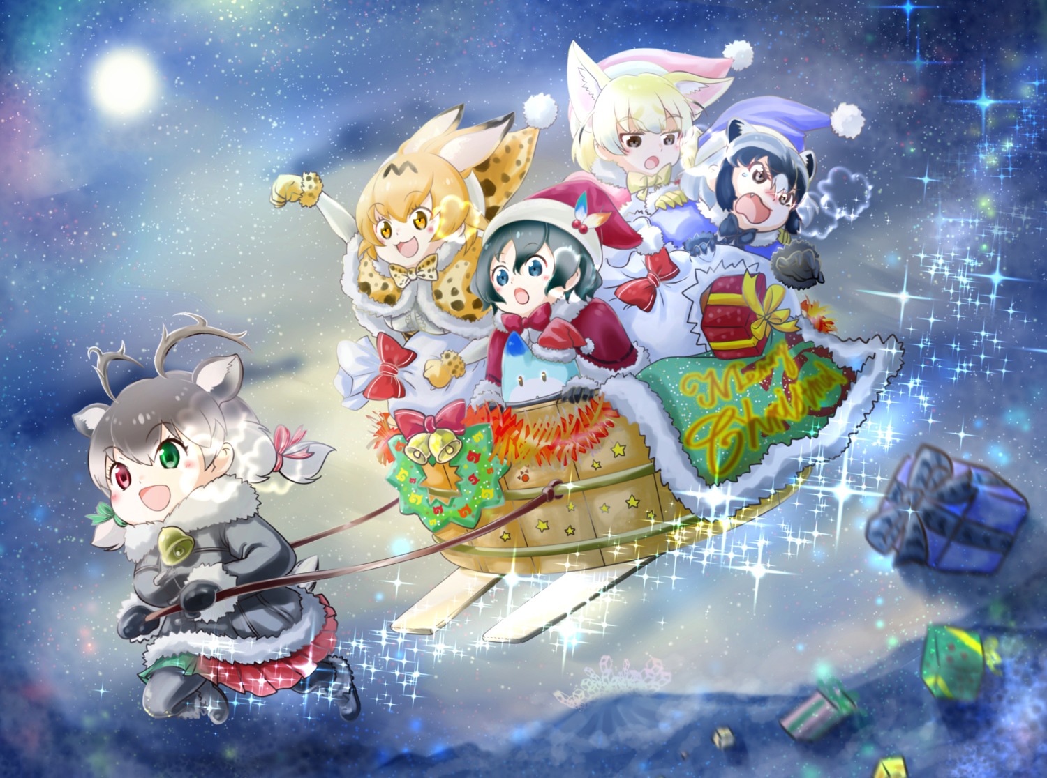 animal_ears chiffon_(artist) christmas common_raccoon fennec_(kemono_friends) heterochromia horns kaban_(kemono_friends) kemono_friends pantyhose reindeer_(kemono_friends) serval tail