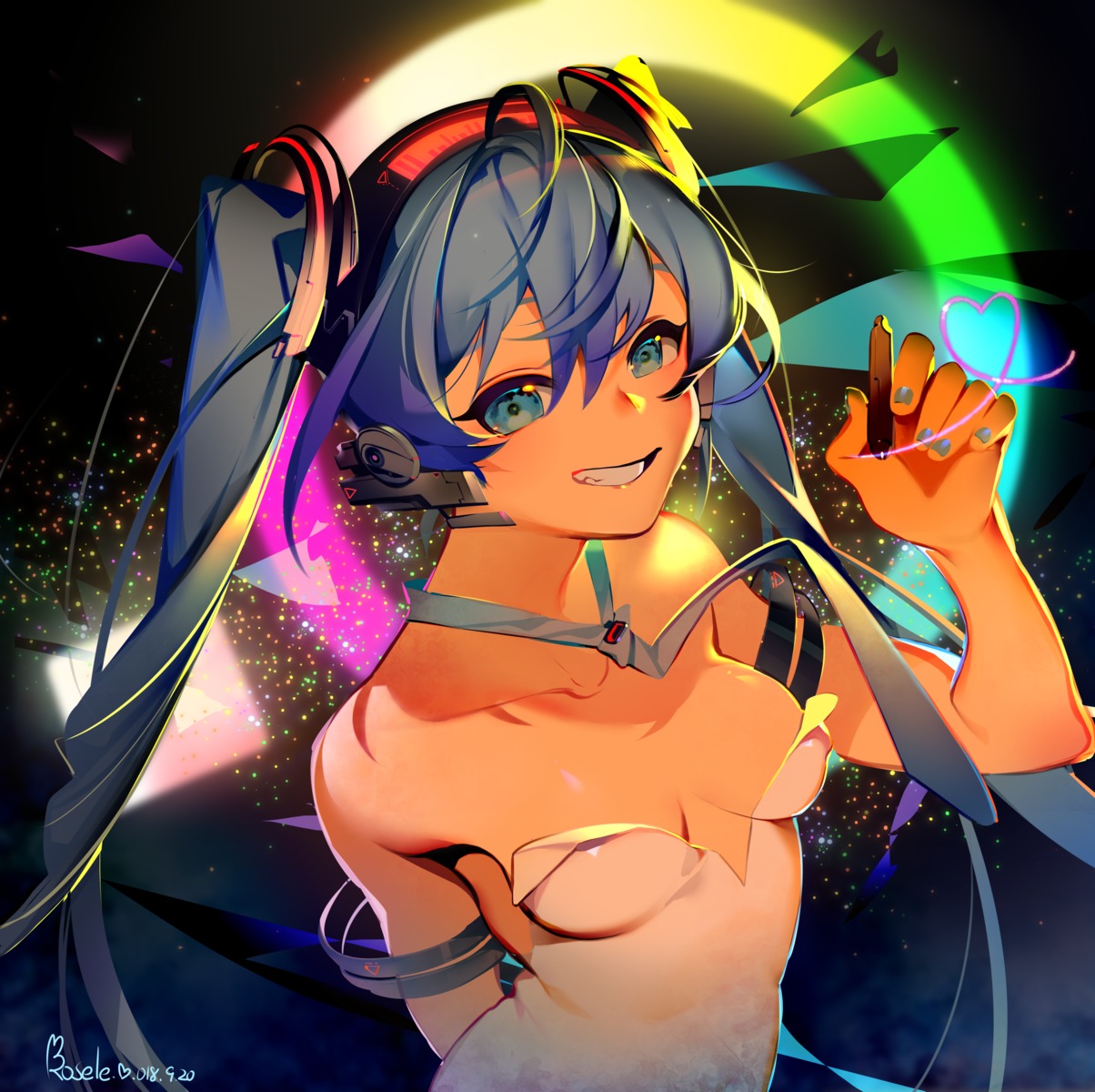 erect_nipples hatsune_miku headphones no_bra rosele vocaloid