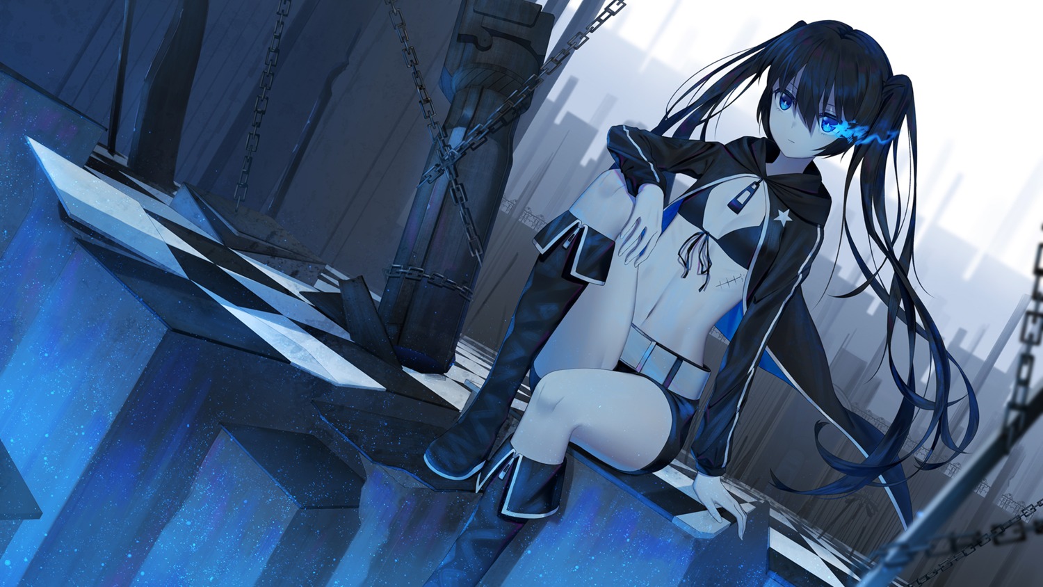 bikini_top black_rock_shooter black_rock_shooter_(character) ji_dao_ji open_shirt wallpaper