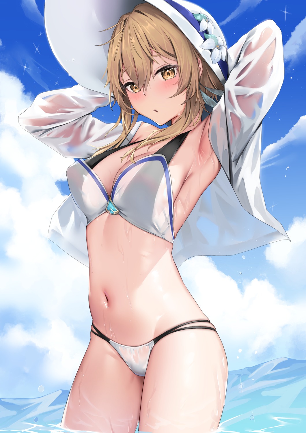 bikini genshin_impact lumine open_shirt see_through skai_kun swimsuits wet wet_clothes