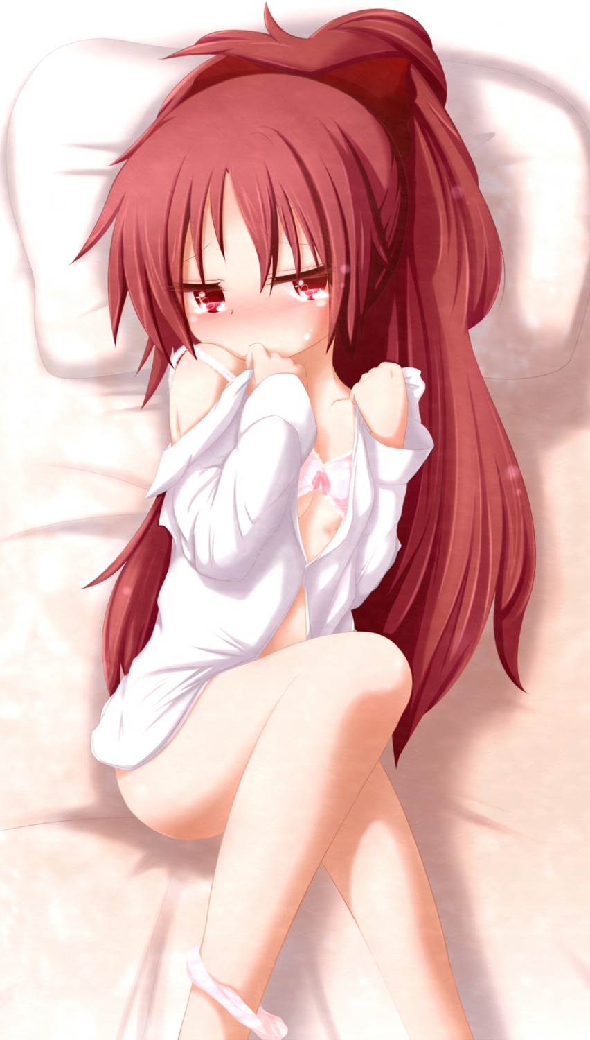 bra kisa loli open_shirt pajama pantsu panty_pull puella_magi_madoka_magica sakura_kyouko sheets underboob undressing