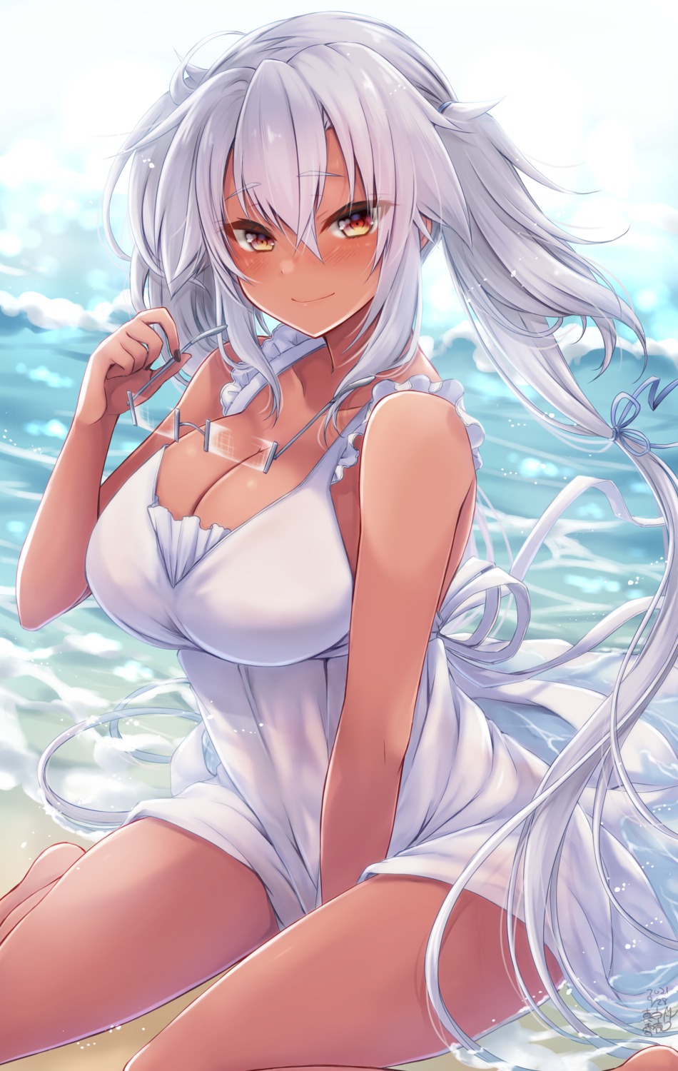 cleavage dress kantai_collection mashiro_yukiya megane musashi_(kancolle) summer_dress wet