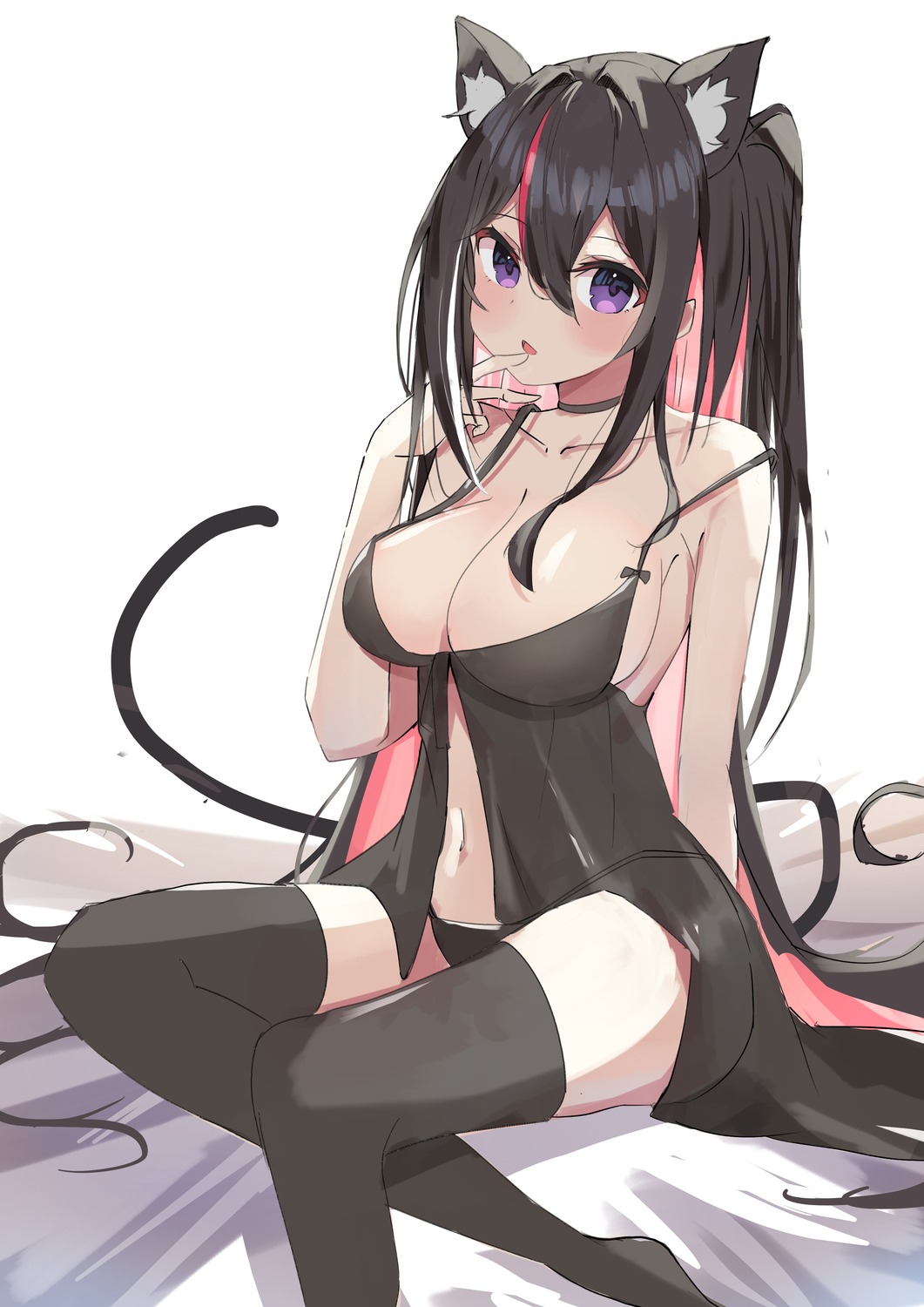 animal_ears azki_(hololive) hololive lingerie liyaku nekomimi no_bra pantsu see_through sketch tail thighhighs