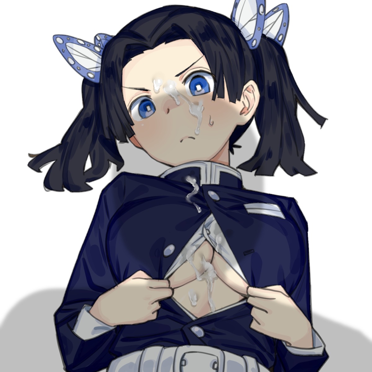 cum kanzaki_aoi kimetsu_no_yaiba no_bra onsen_tamago_(hs_egg) open_shirt underboob undressing uniform