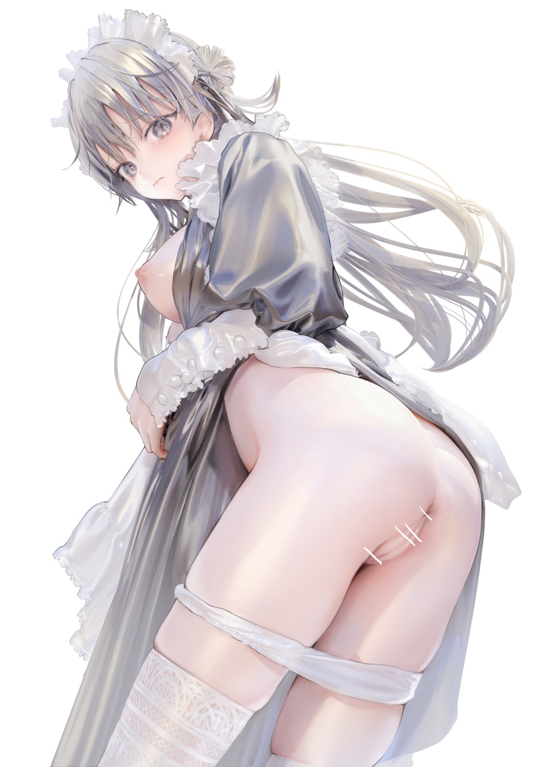 anus ass breasts censored iijima_masashi maid nipples no_bra open_shirt pantsu panty_pull pussy skirt_lift thighhighs